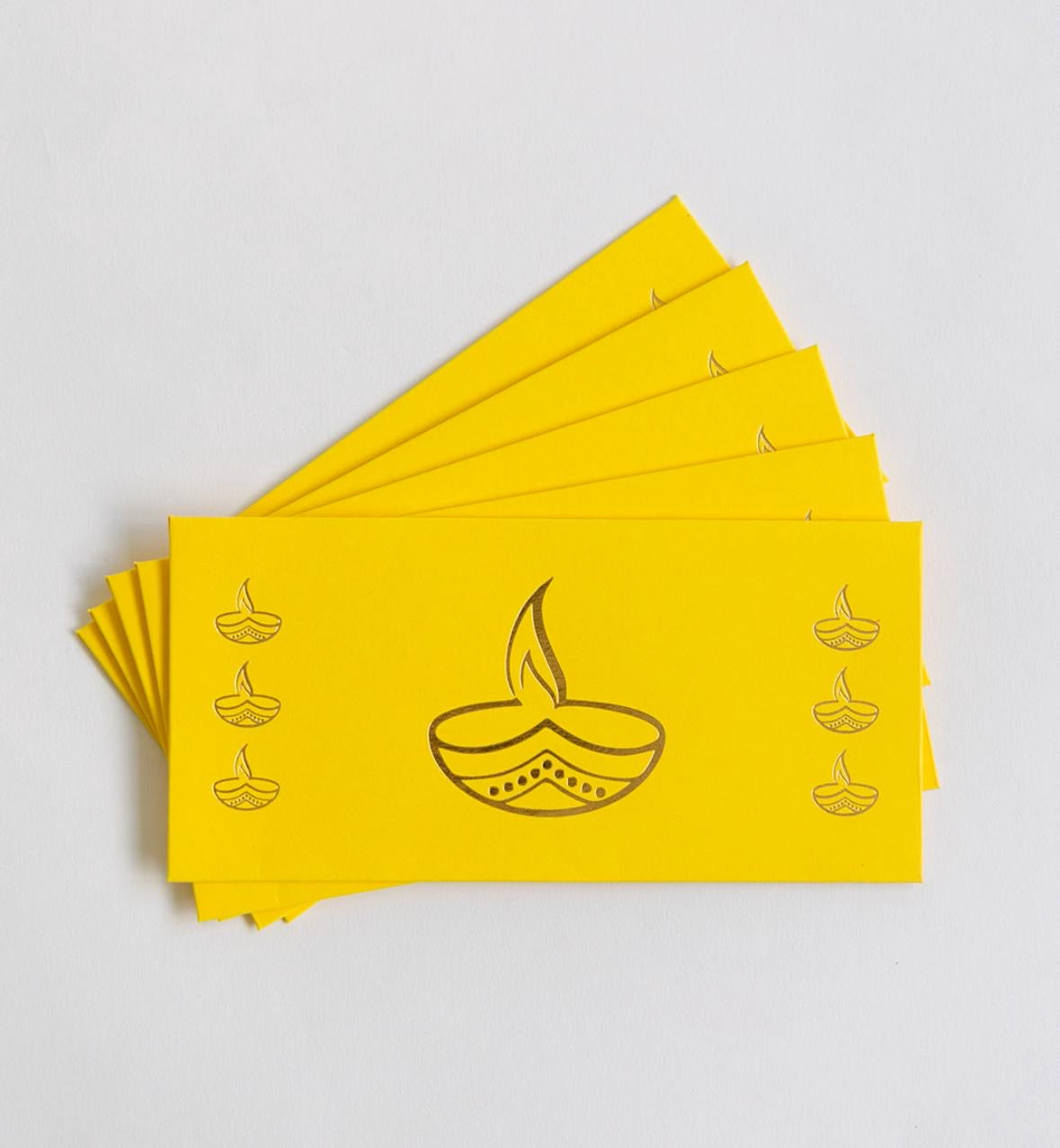 Set of 5 Yellow Diwali Money Envelopes with Golden Diya Design