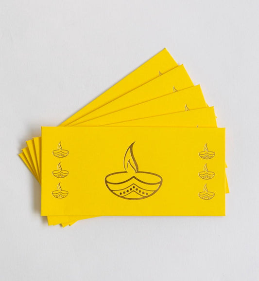 Set of 5 Yellow Diwali Money Envelopes with Golden Diya Design