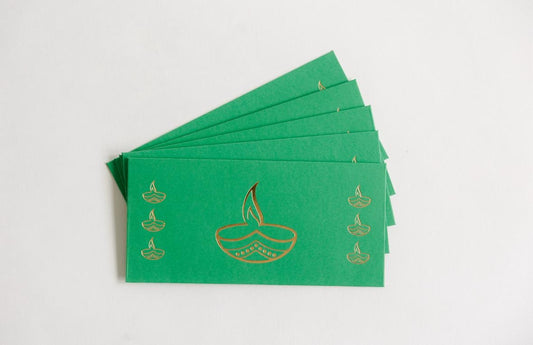 Set of 5 Green Diwali Money Envelopes with Golden Diya Design