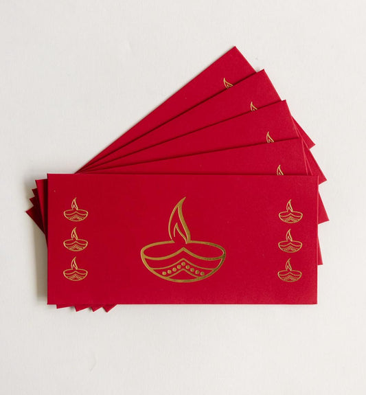 Set of 5 Red Diwali Money Envelopes with Golden Diya Design