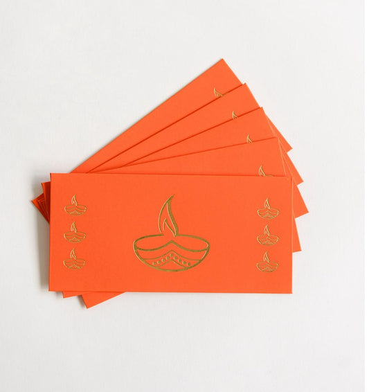 Set of 5 Orange Diwali Money Envelopes with Golden Diya Design
