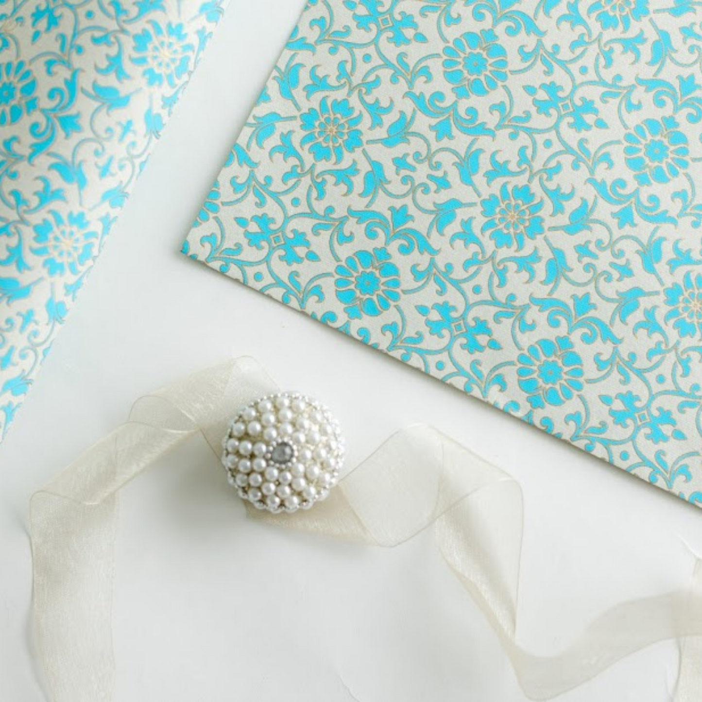 gift wrap in Floral Blue with hints of Gold  Luxury Handmade Gift Wrap