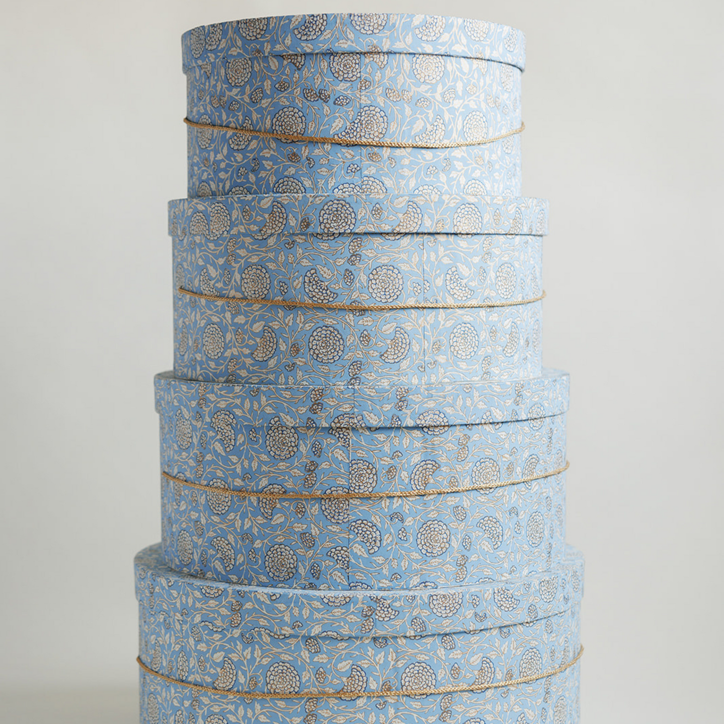 blue round hat boxes, large, extra large, small and medium sizes