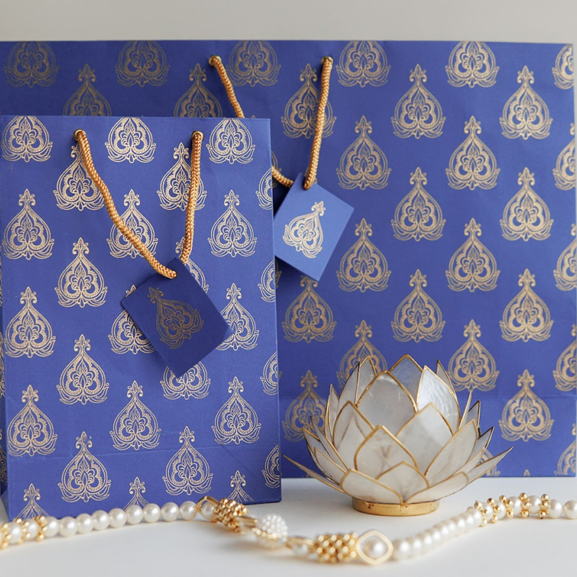 Navy Blue Mughal Leaf Large Gift Bag, large gift bag , large gift bag for garments, gift bags for weddings